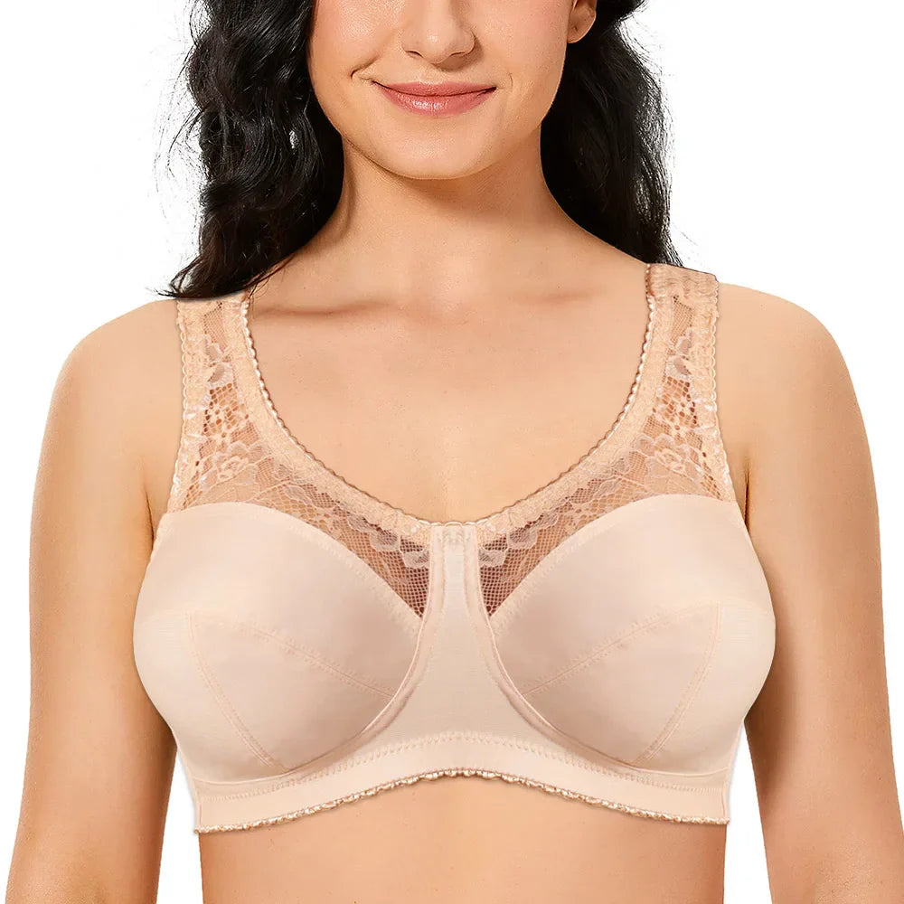 Women Wire Free Bralette White Comfortable Floral Plus Size Bras - YmFit Fusion